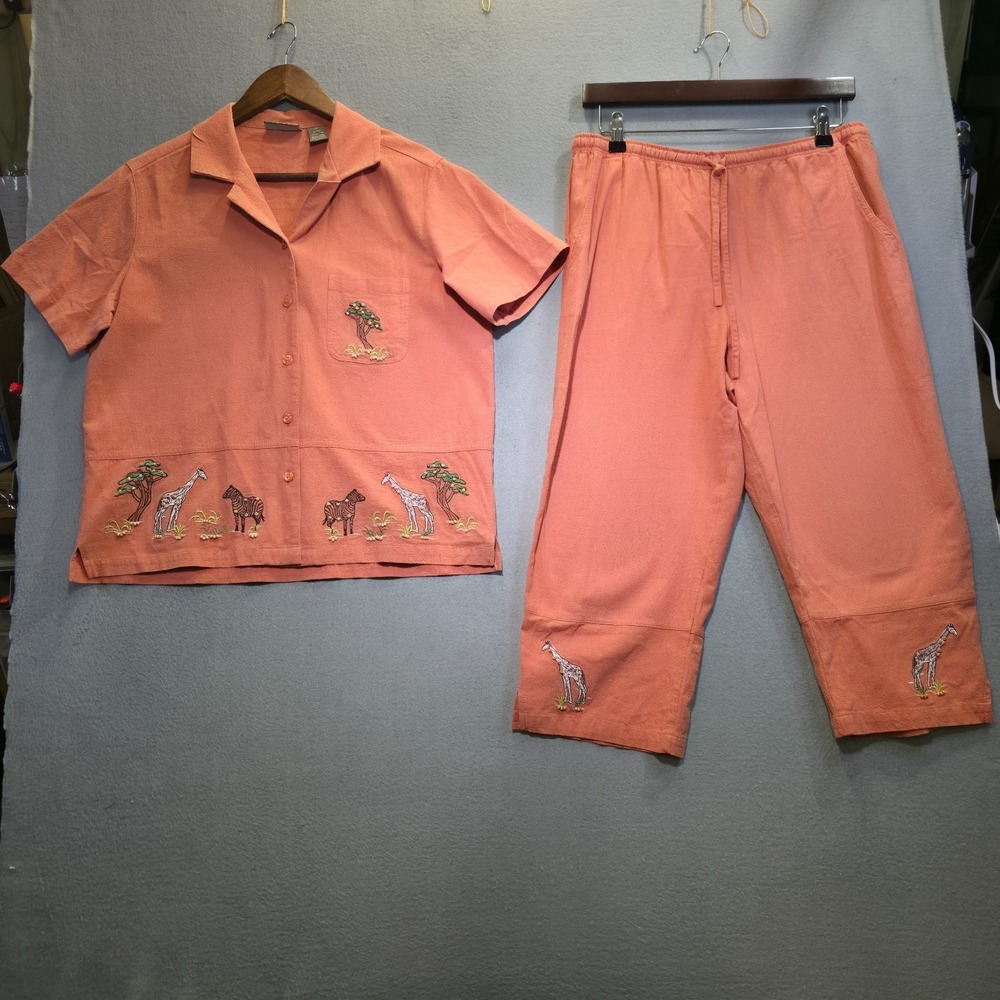 Jane Ashley Coral Orange Embroidered Safari Top & Capri Pants Set Size Medium - Picture 1 of 12